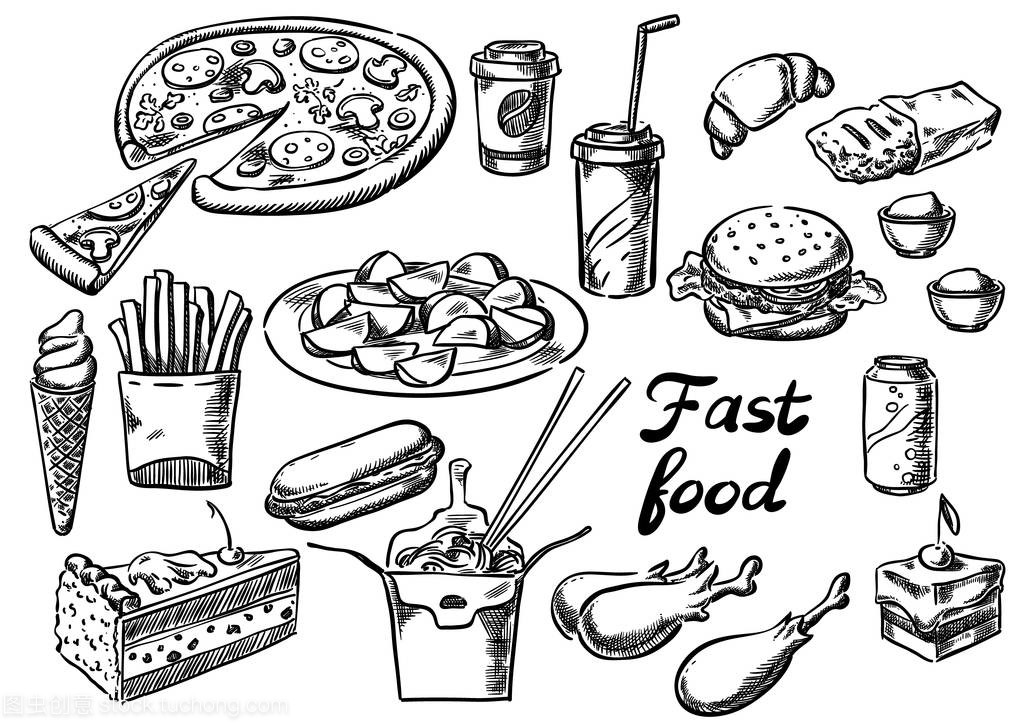 快餐食品集的素描